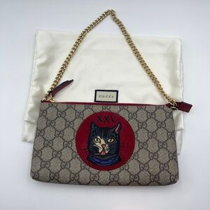 Gucci GG handbag Supreme Monogram Mystic Cat Embroidered Chain Wrist Wallet Red